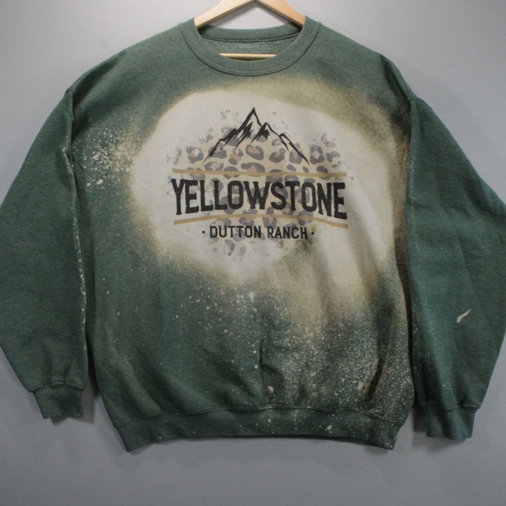 Yellowstone Dutton Ranch Bleached Sweatshirt Green Leopard Spellout Graphic XL